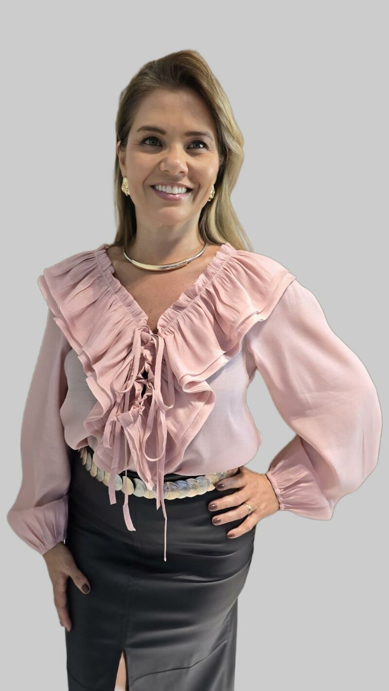 Imagem de Camisa Lua – Rosa, Manga Longa em Viscose com Babados e Amarração | Estilo Boho Chic